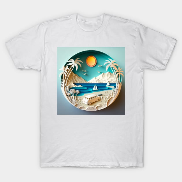 3D Effect Papercut Art - Beach Scene T-Shirt by TheArtfulAI